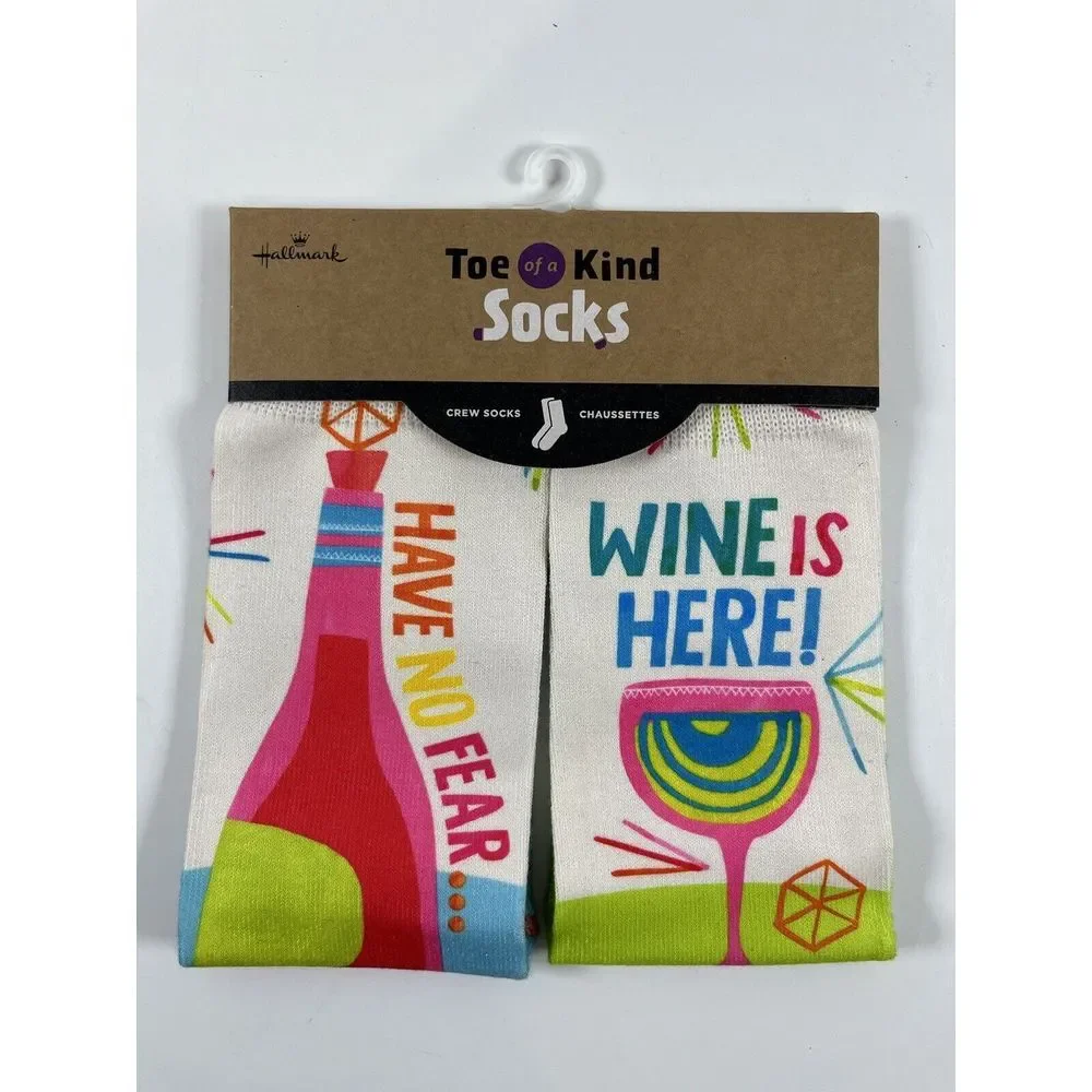 Hallmark Toe of a Kind Crew‎ Socks Never Fear Wine Here NEW Unisex Multicolor